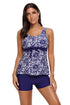 Navy Damask Floral Print Bowknot Detail Tankini Set